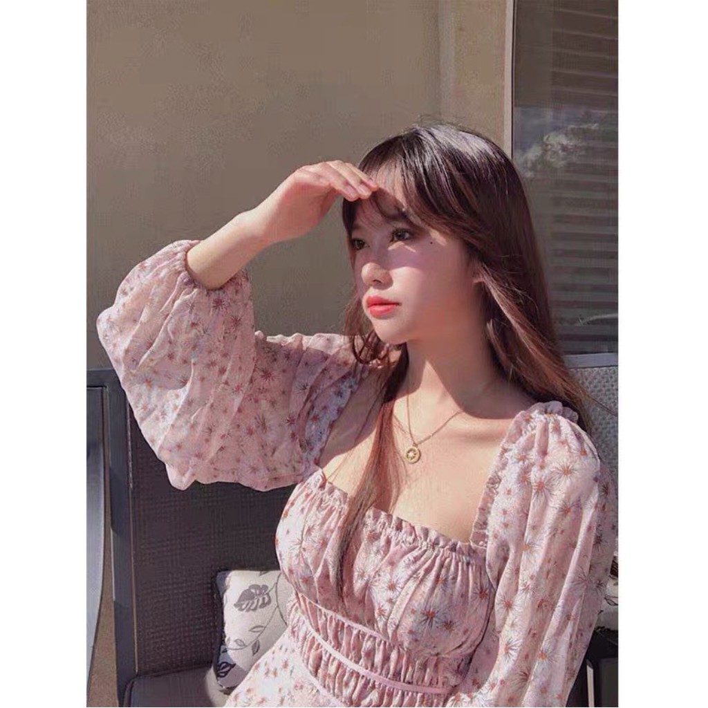 Đầm maxi cổ vuông tay dài bo eo