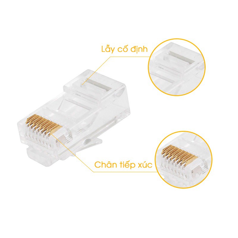 100 Đầu Mạng RJ45 cat5e AMTAKO 50P Vỏ Nhựa Trong Suốt, Lõi Đồng Nguyên Chất