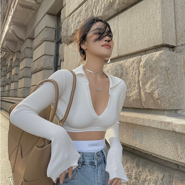 QADCOL  Áo dệt kim màu trắng tay dài cổ chữ V gợi cảm cho nữ