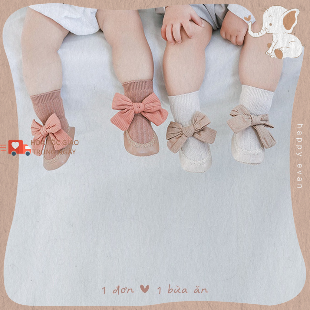🅷.🄴🅅🄰🄽 Giày tất tập đi cho bé gái, thắt nơ vải xinh, style HQ, có chống trượt giúp bé vững vàng.
