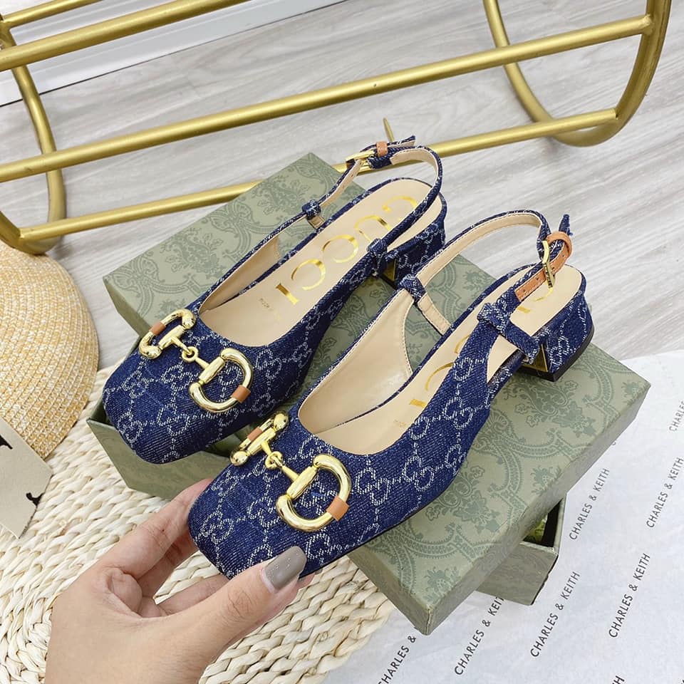 Sandal Nữ Gucci Chất Vải Dệt Xanh Đậm Gót 3cm Cao Cấp Phong Cách Sang Chảnh Cho Các Cô Nàng Hàng Mới về Siêu Hot 🔥🔥🔥