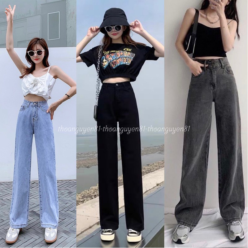 Quần jean ống suông rộng dài cạp cao chất bò jeans cao cấp dễ phối đồ 2022