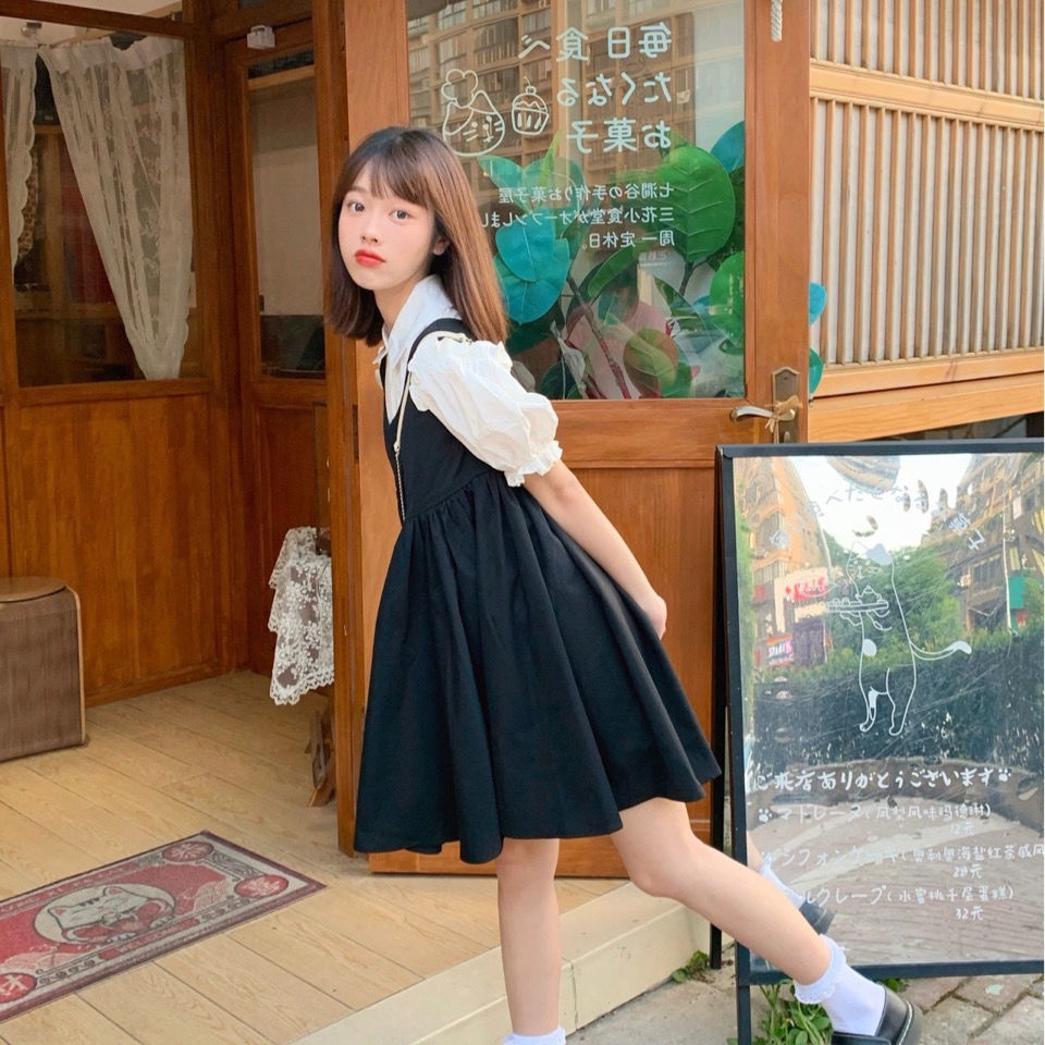 Set Áo Sơ Mi Tay Phồng Cổ Búp Bê + Đầm Không Tay Xinh Xắn Thời Trang Cho Bé Gái