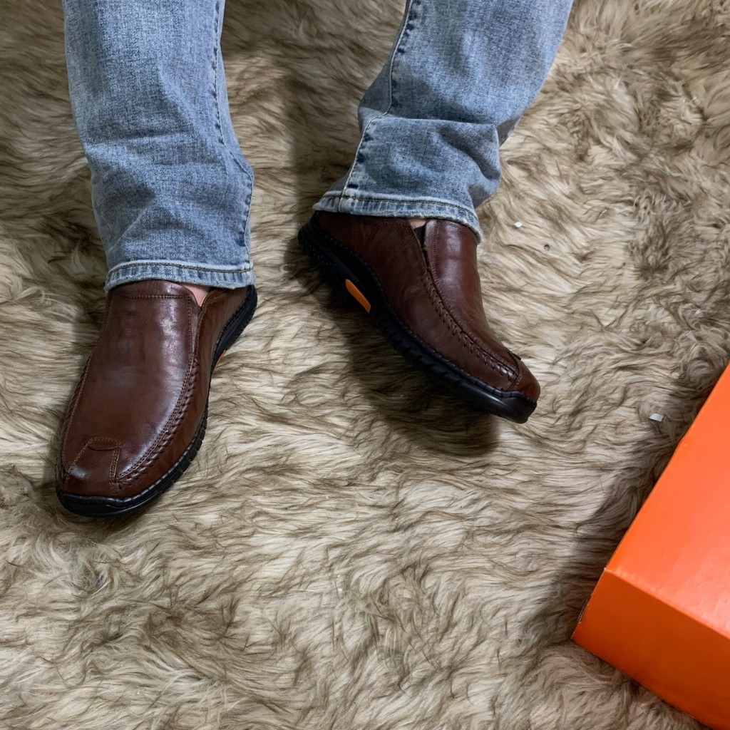 Giày Lười Nam Da Bò Cao Cấp Nguyên Tấm Màu Nâu Đế Cao Su Có Khâu Đế Kiểu Dáng Thời Trang(Bảo Hành Da 12 Tháng) | BigBuy360 - bigbuy360.vn