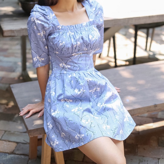 CHOCOO - Đầm Xoè Tay Phồng Cổ Vuông Màu Xanh - SAMA LINEN DRESS