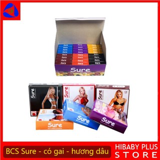 Bao cao su Sure có gai nổi mùi hương dâu cực mỏng, kéo dài thời gian quan hệ, hộp to 72 chiếc [HiBaby Plus Store]