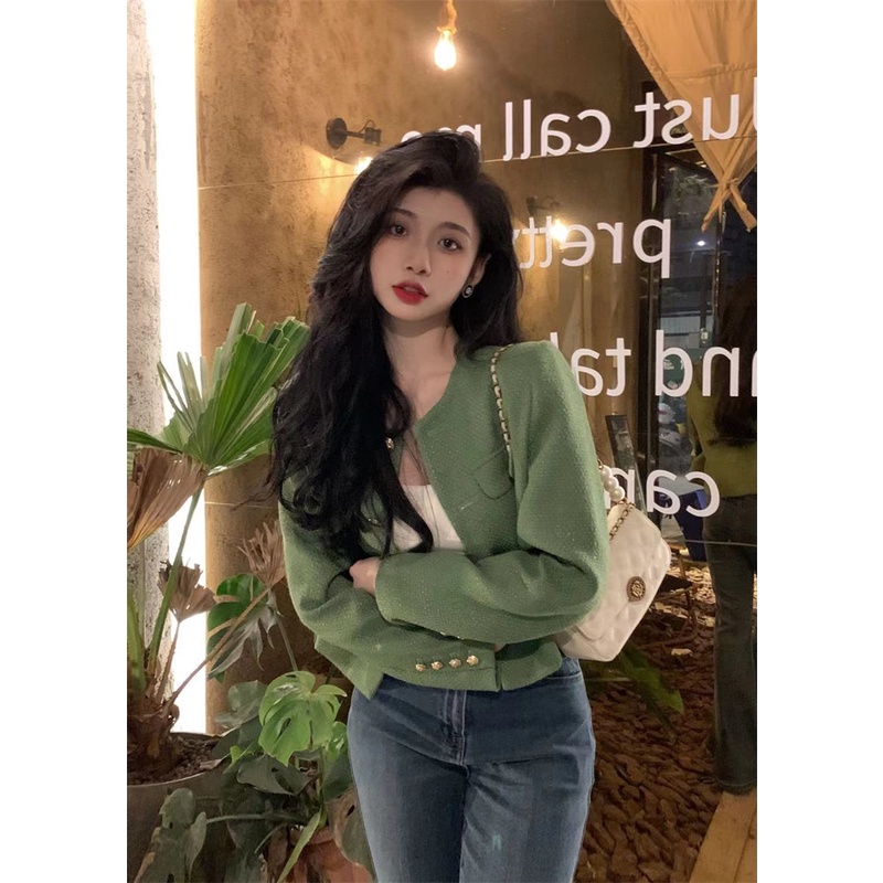 Áo Khoác Ngắn Màu Xanh Lá Phong Cách Hàn Quốc Thời Trang Mới Cho Nữ