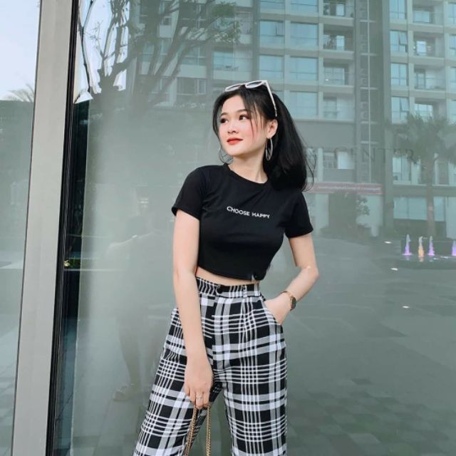 SET ÁO CROPTOP + QUẦN SUÔNG CARO ỐNG RỘNG TT51