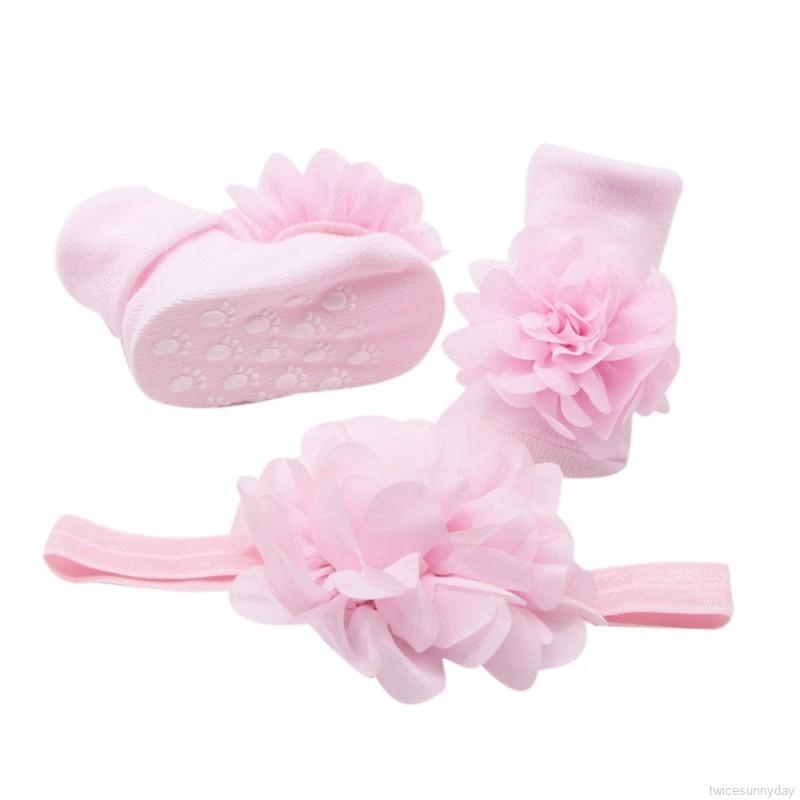 Set băng đô hoa cột tóc + vớ chân cổ đính hoa dễ thương cho bé