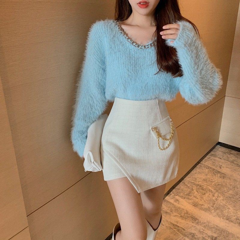 Áo len lông thỏ dáng rộng chân váy chữ A dây xích ulzzang - Có ảnh thật