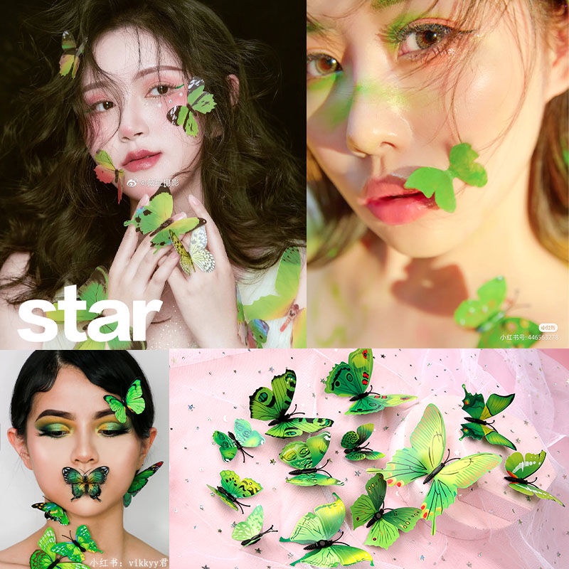 Miếng dán ba chiều hình bướm đôi giả dùng trang trí má và khuôn mặt làm đạo cụ chụp ảnh