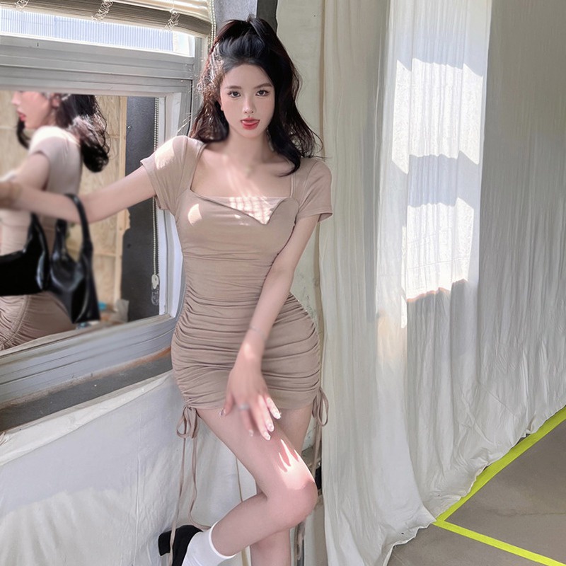 Đầm Dây Rút Tay Ngắn Cổ Vuông Màu Trơn Thời Trang Hàn Quốc Cho Nữ