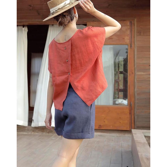 Set bộ đồ linen tưng premium tay cánh rơi nút sau trẻ trung - Áo đỏ gạch + Quần xanh than