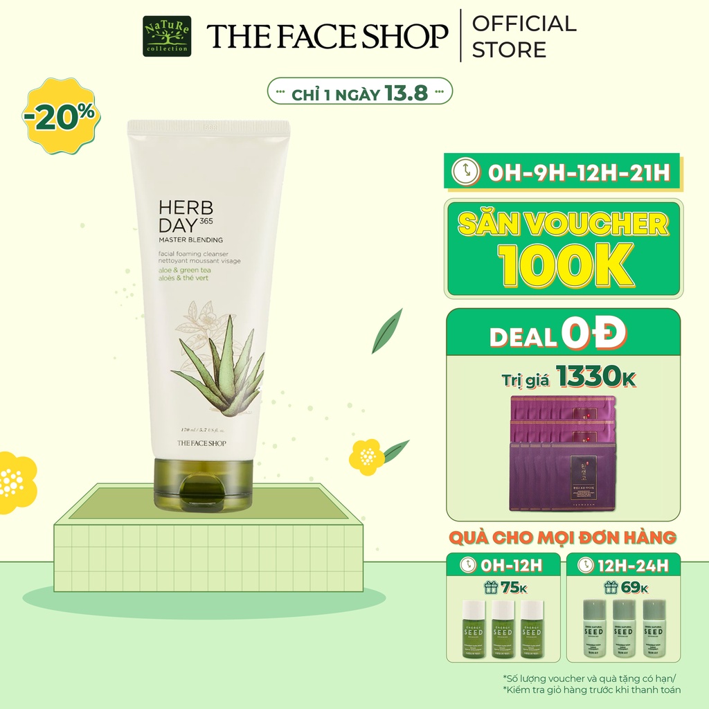 Sữa Rửa Mặt Tạo Bọt Thefaceshop Herb Day 365 Master Blending Aloe&Greentea 170ml