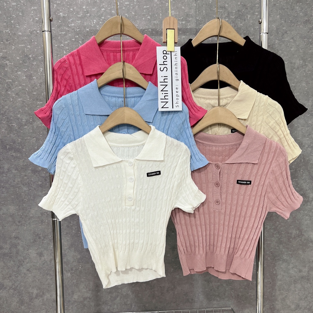Áo len cổ bẻ sọc đũa ngắn tay khuy ngực, Áo kiểu len dáng ôm bo chun AS7112 - NhiNhi Shop