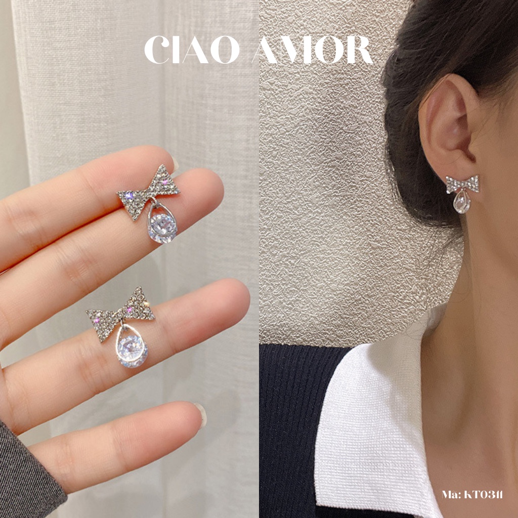 Khuyên tai nữ, Bông tai nữ nụ nơ bạc đính đá to dưới Trang sức Ciao Amor - KT0311