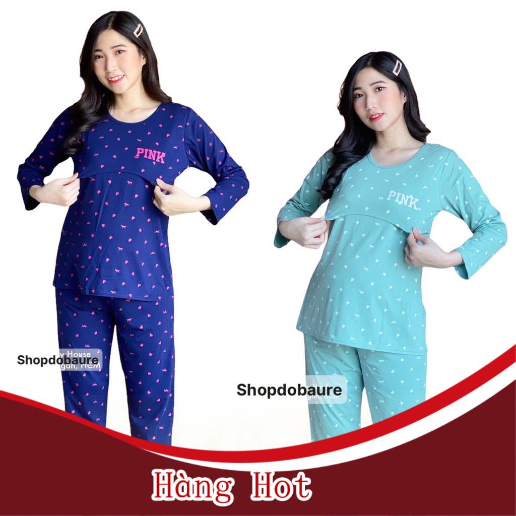 Bộ bầu và cho con bú sau sinh Dài Tay Pink, chất cotton Cao Cấp cho mẹ bầu mặc nhà Thu Đông có bigsize 85