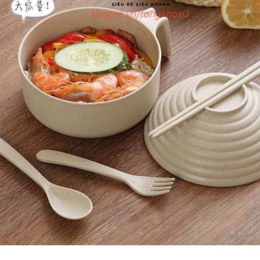 Bát Úp Mì Chất Liệu Lúa Mạch Có Tay Cầm Tiện Dụng (Tặng Kèm Thìa, Đũa, Nĩa)