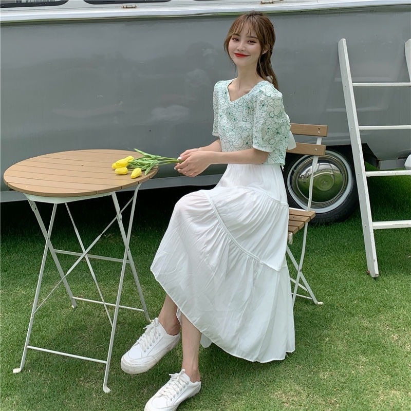 Set Áo Ngắn Tay Cổ Chữ V Thắt Nơ + Chân Váy Lửng Xếp Ly Thời Trang Mùa Hè Mới
