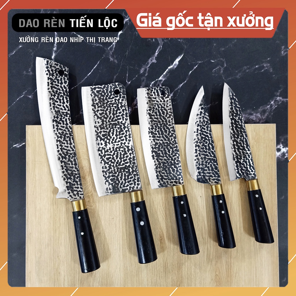Bộ Dao Làm Bếp Thép Nhíp Dập Vân 2 Mặt, Dao Chặt Cây, Chặt Xương, Thái Lọc