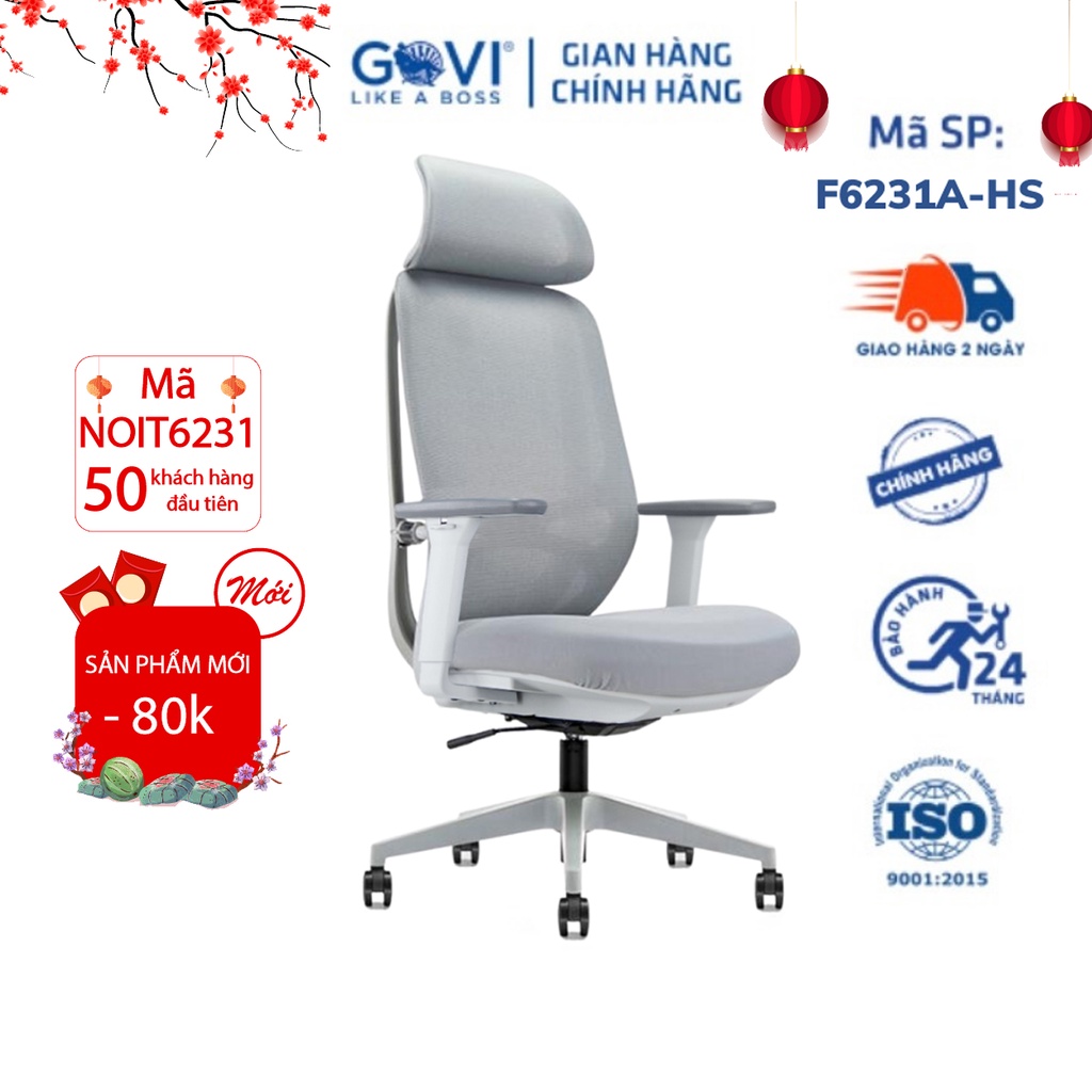 Ghế công thái học Ergonomic GOVI Felix F6231A-Thiết kế tựa đầu điều chỉnh độ cao, tựa tay 3D nâng hạ, mâm ghế ngả 135 độ