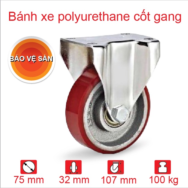 Bánh xe PU đúc Eco càng cố định 75mm  Polyurethane - Bánh  xe đẩy công nghiệp CAO CẤP Happy Move Thái Lan