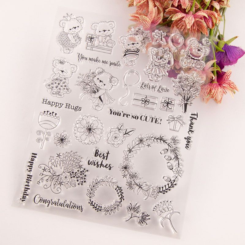 Con Dấu Silicon Trong Suốt Hình Gấu Và Hoa Dùng Trang Trí Scrapbook
