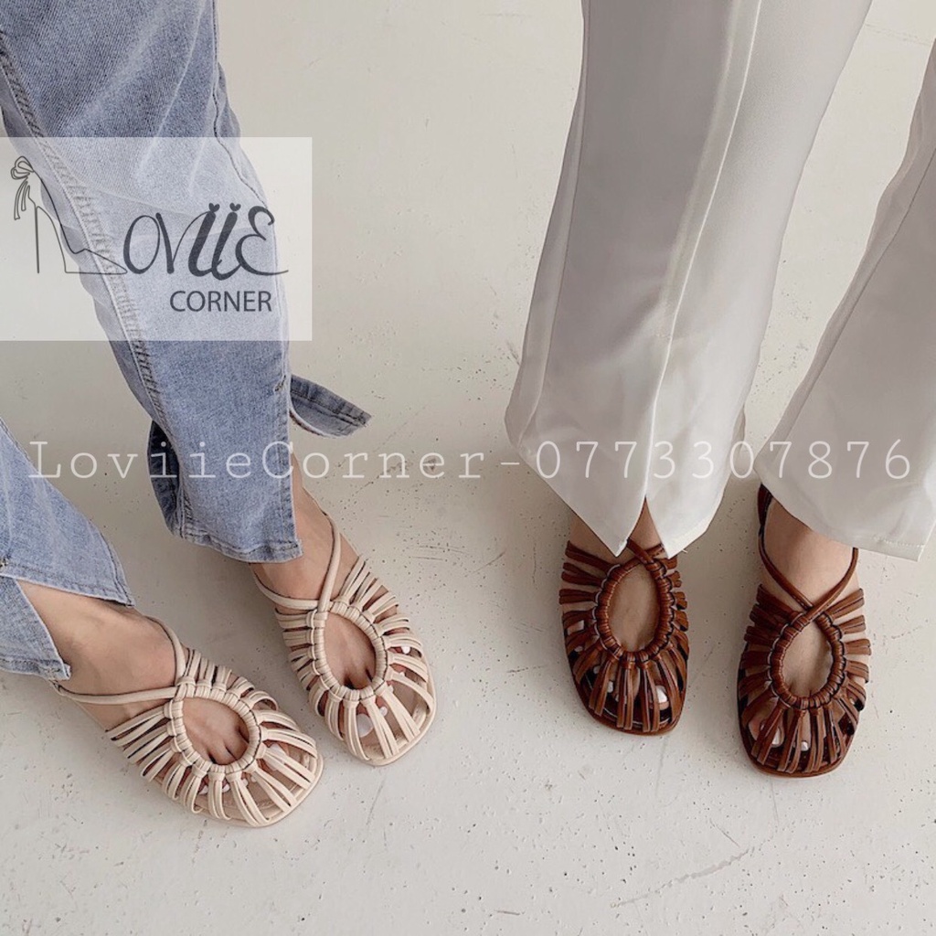 SANDAL RỌ LOVIIE CORNER - GIÀY QUAI HẬU DÂY DA ĐAN THỜI TRANG - DÉP NỮ MŨI TRÒN ĐẾ BỆT 1CM S210707