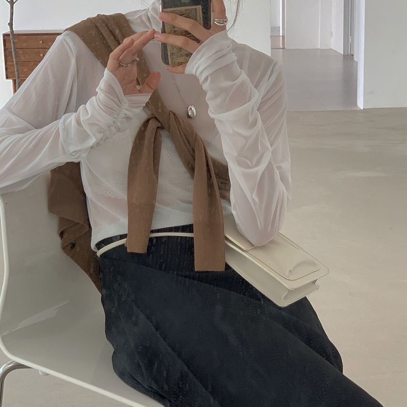 2023 summer new high-neck net gauze base shirt sun protection clothes thin long sleeve full with inner shirt women's net gauze top