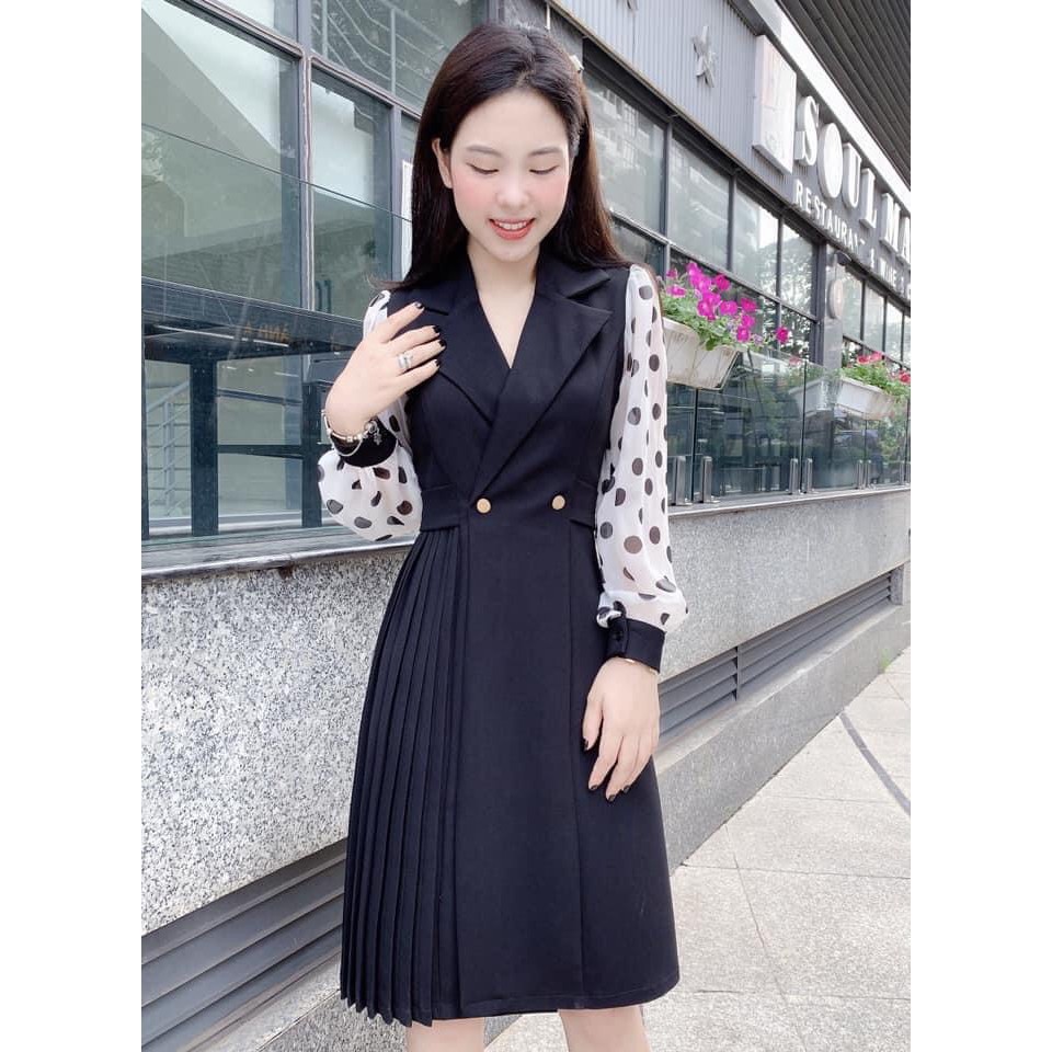 Đầm nữ / Chân váy xếp ly 👗 Đẹp DVC 💕  Đầm cổ vest phối tay dài chấm bi