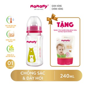 Bình sữa giữ nhiệt thủy tinh cổ rộng Mamamy 240ml - Combo 1 bình tặng 1 túi nước rửa cọ bình sữa, rửa rau quả 600ml/túi