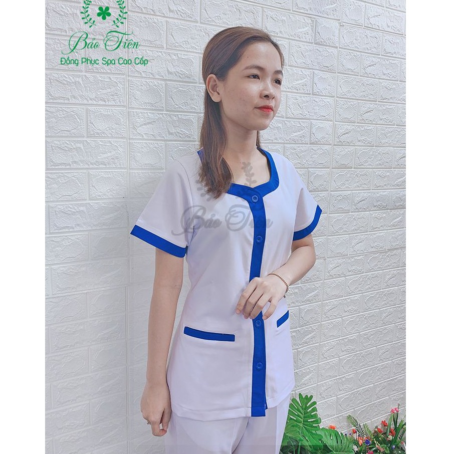 Bộ Đồng Phục Spa - Thẩm Mỹ Cao Cấp Màu Trắng Viền Xanh Dương