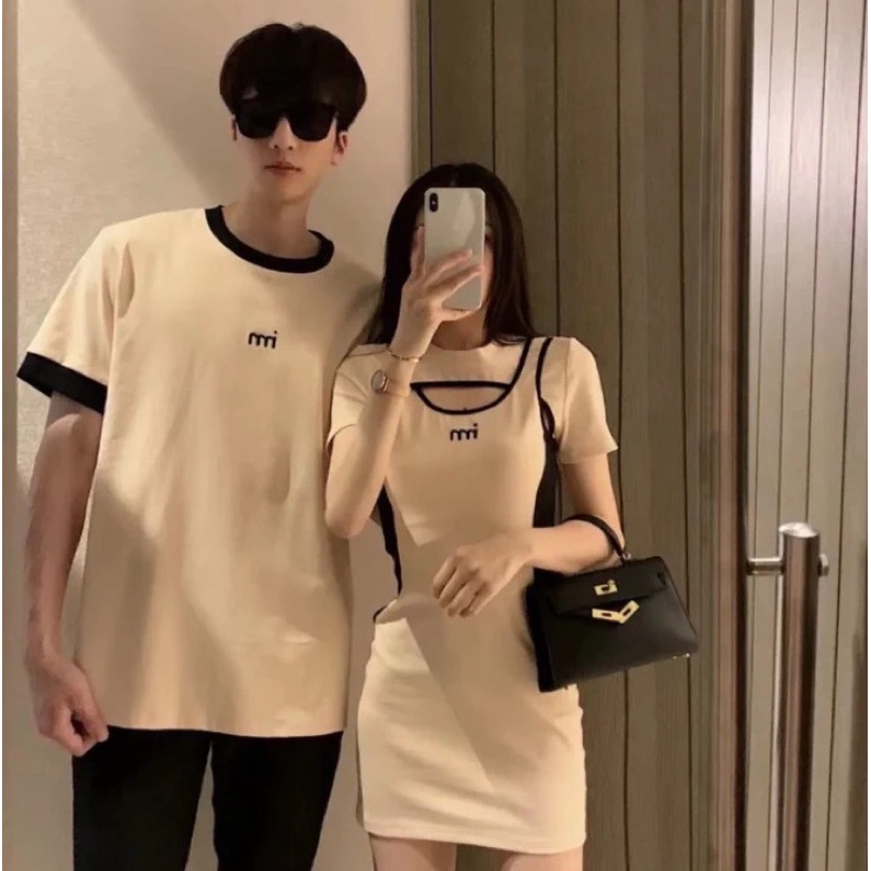 Đồ đôi váy ngắn body nữ kết hợp áo thun nam 2 màu đen và be siêu đẹp cho đôi tình nhân
