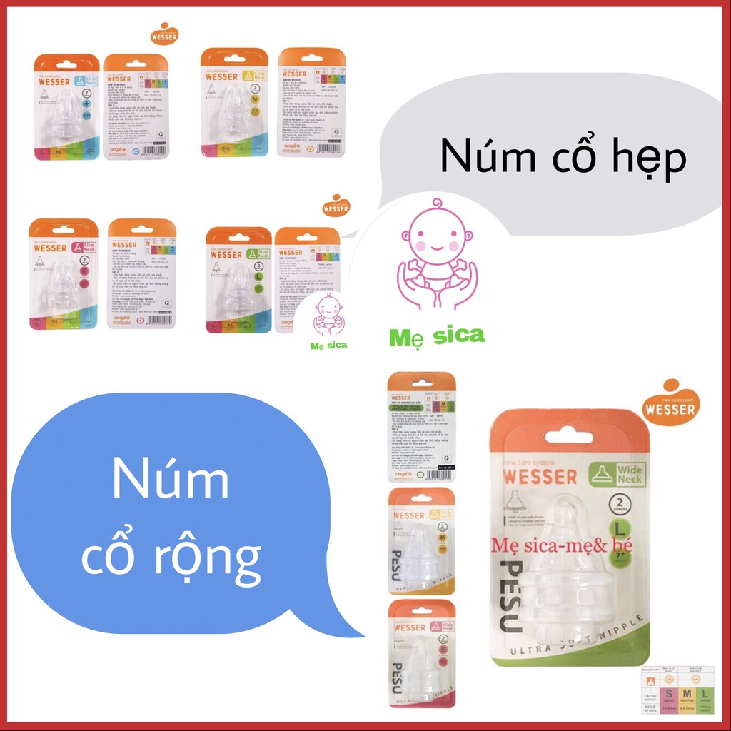 Cặp núm ti/núm vú wesser cổ rộng/hẹp
