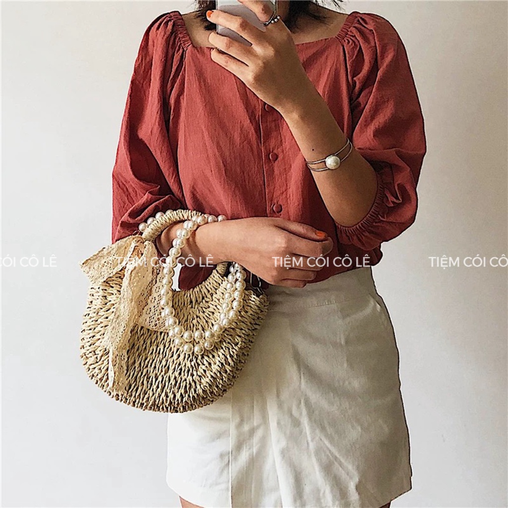 Túi cói bán nguyệt nơ ren phối quai đeo hạt trai siêu xinh - Tiệm Cói Cô Lê