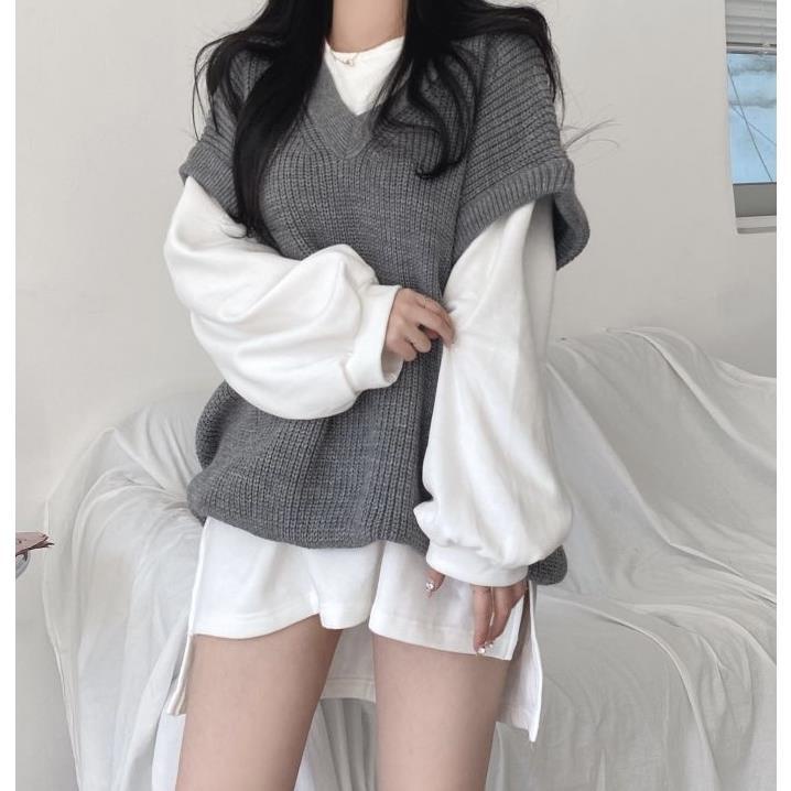 Set Áo Vest Và Áo Gile Dệt Kim Dáng Rộng Thiết Kế Mới Trẻ Trung