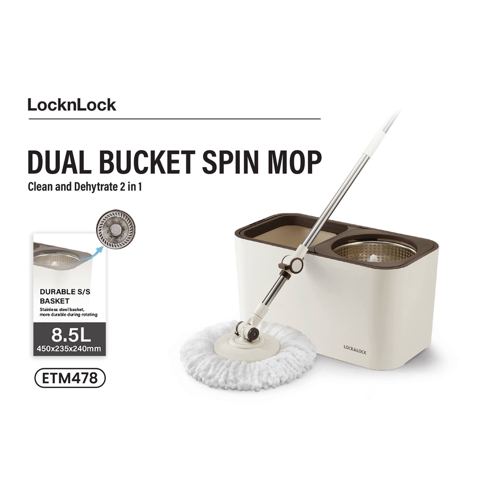 Bộ lau nhà Lock&amp;Lock 360 độ Dual Bucket Spin Mop ETM478 xịn xò không tì vết, hàng chính hãng!