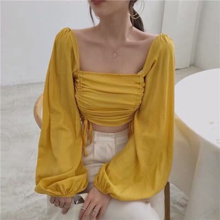 👉🏿Áo Croptop Cổ Vuông Nhúng Rút Eo