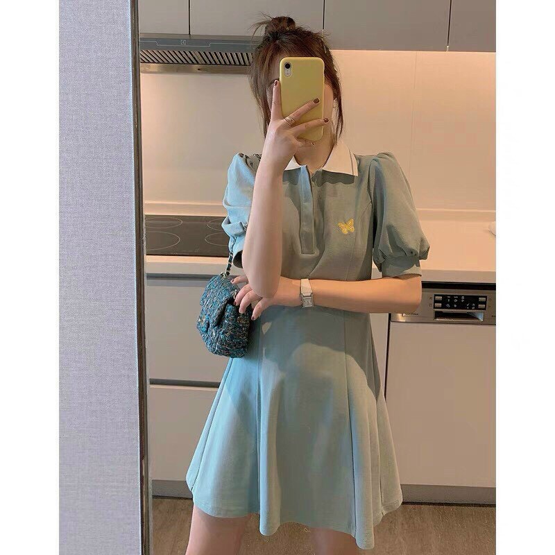 Đầm thun tay búp in hình bướm dáng ngắn xòe, đầm thun polo phối cổ trắng tiểu thư phong cách hàn quốc xinh đẹp