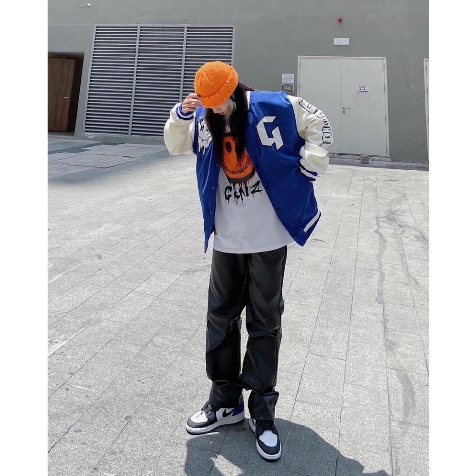 Áo khoác bomber, varsity jacket GONZ Blue nhung tăm Full Face form rộng nam nữ, áo khoác bóng chày gonz