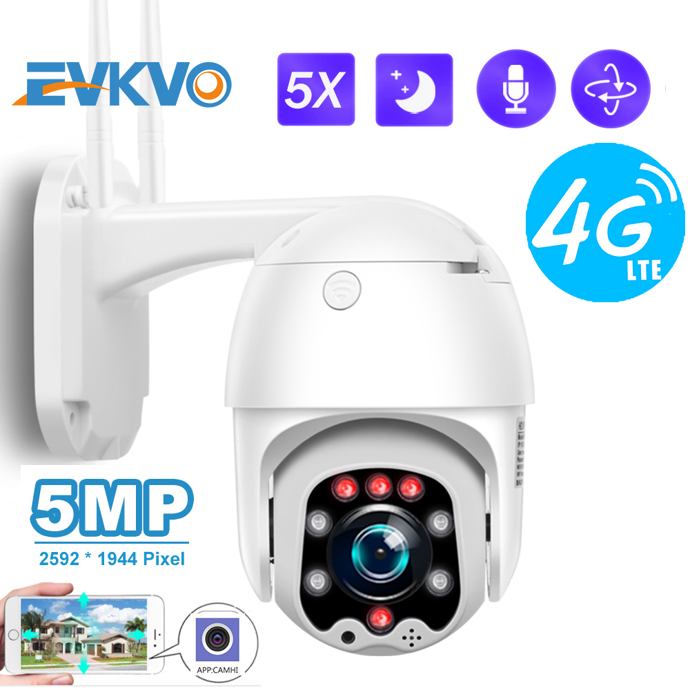 EVKVO - 4G LTE SIM Card - Tầm nhìn ban đêm đầy đủ màu sắc - 5X Zoom quang học - Camhi PRO APP UHD 5MP Quay Không thấm nước ngoài trời Wireless PTZ IP Camera CCTV Mini Speed Dome WIFI Home Security Surveillance CCTV Camera