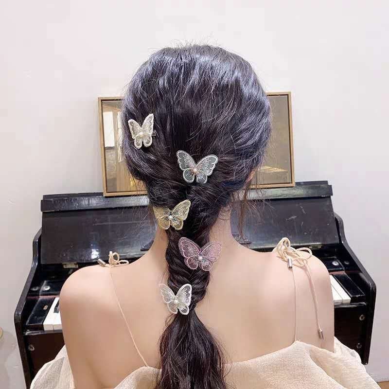 Kẹp Tóc Hình Bướm Trong Suốt Đính Ngọc Trai Phong Cách Hàn Quốc