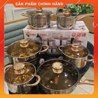 [FreeShip – Sale khô máu] Bộ Nồi Inox 6 Món, 12 Chi Tiết, Vung Kính Vàng, Đáy 5 Lớp. Thương Hiệu Chef & Chef. Công Nghệ