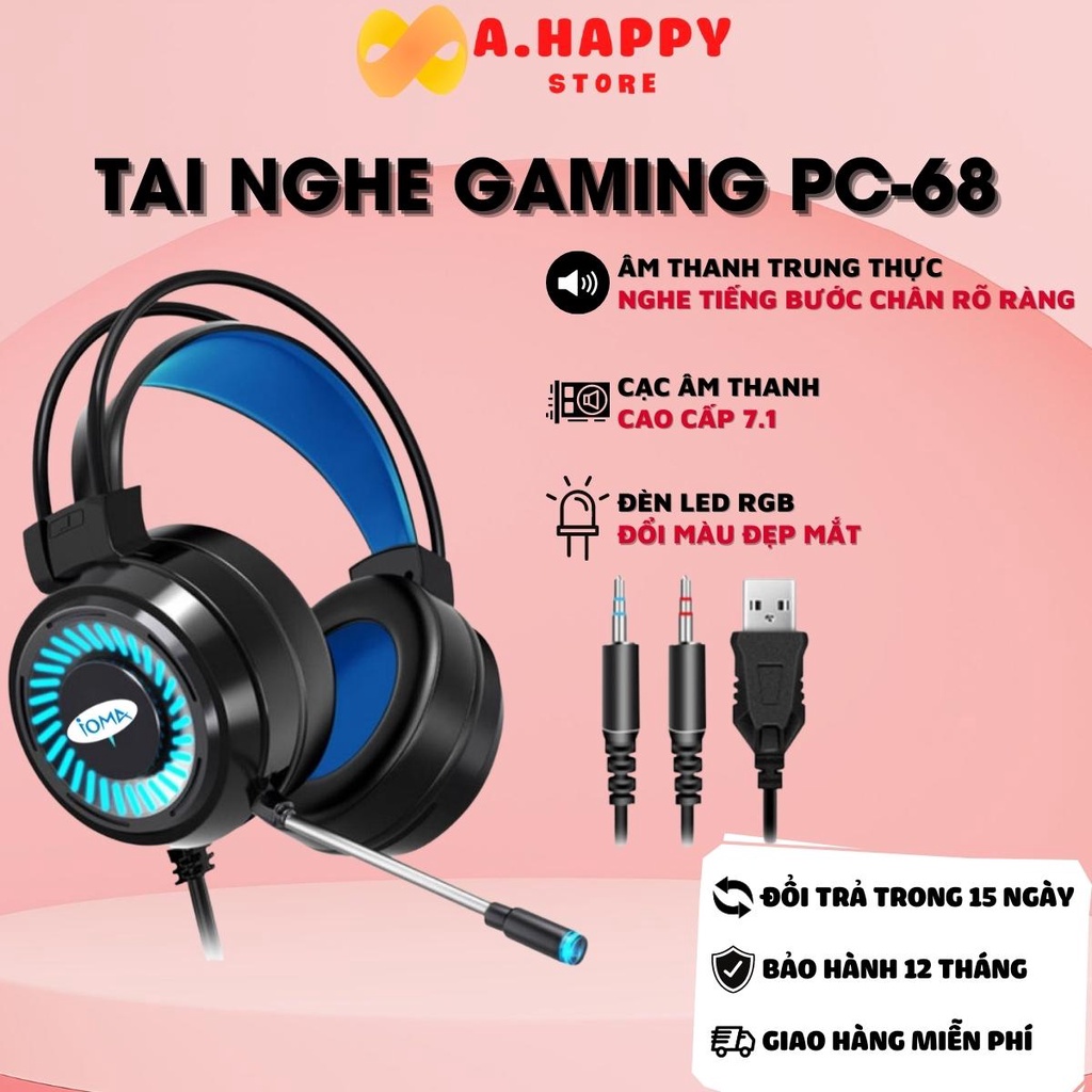 Tai nghe gaming có mic AMOI PC68 |Tai nghe chuyên game, siêu bass, jack 3.5, cổng USB có đèn LED, mic dùng cho PC/Laptop