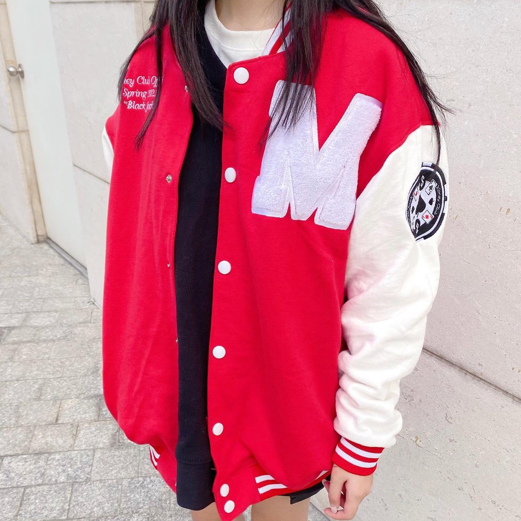 Áo khoác bomber cúc bấm phối tay chữ M form rộng unisex/ Áo khoác thu đông tay bồng 3 màu mặc đi học đi chơi