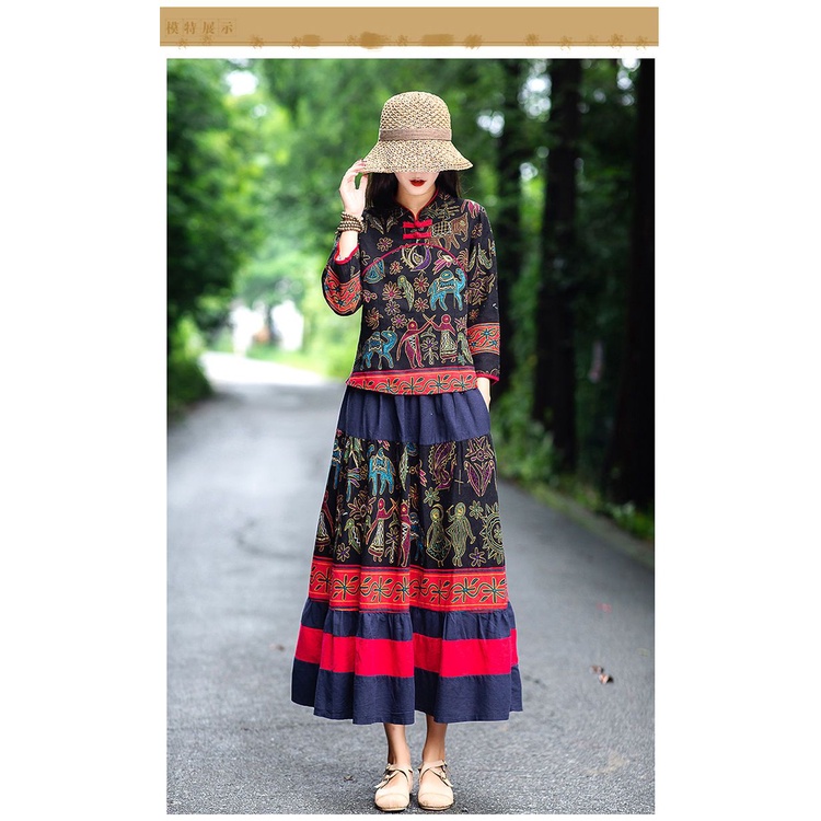 Bộ Áo Cotton Lanh Dài Tay + Chân Váy Phong Cách Hanfu Trung Hoa Cổ Điển Dành Cho Nữ