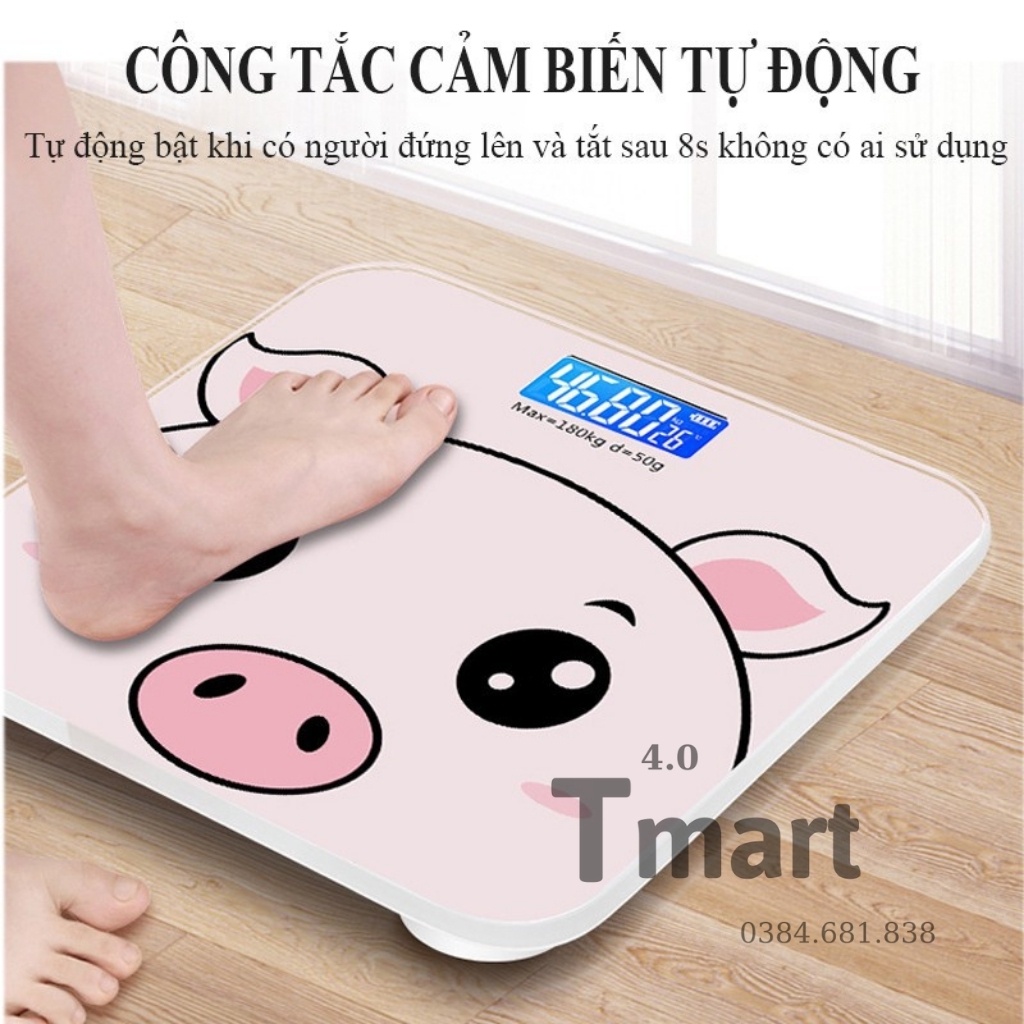 Cân điện tử sức khỏe hình heo hồng, Cân điện tử gia đình dùng pin AAA chính xác tiện lợi bảo trọng lương 180kg -Tmart4.0