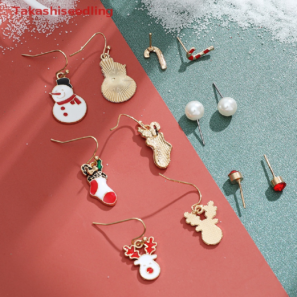 (Takashiseedling) 6 pairs Christmas Earrings Set Santa Claus Snowflake Bells Elk Earrings Six-piece Christmas Earrings Female