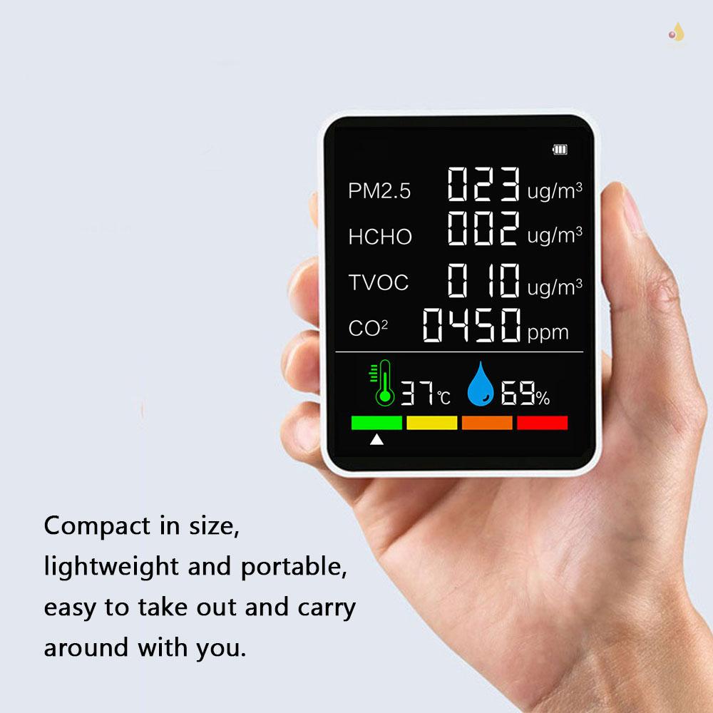Thiết Bị Kiểm Tra Chất Lượng Khí CO2 Đa Năng PM2.5 TVOC HCHO Có Màn Hình LCD Hiển Thị Nhiệt Độ Độ Ẩm