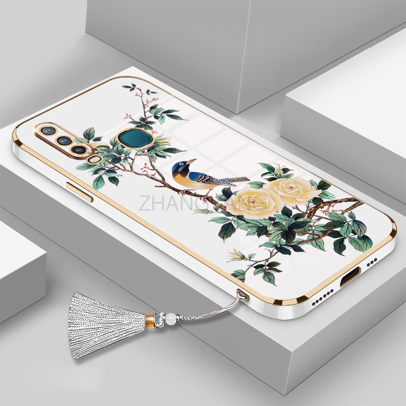 ốp lưng vivo y11 y12 y15 y17 y19 Vỏ điện thoại di động TPU hoa văn chim và hoa được mạ điện có dây buộc tua
